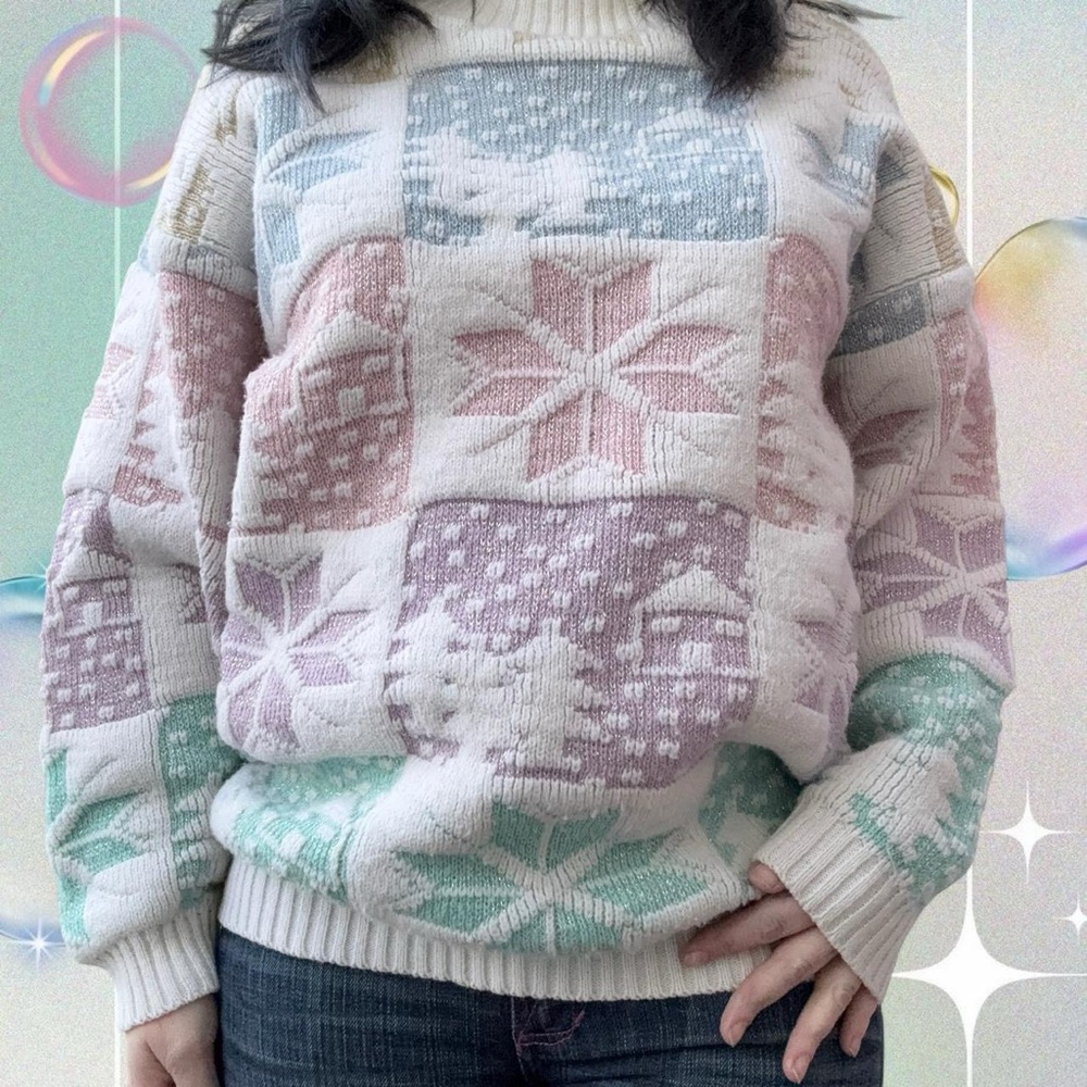 vtg 80s/90s spunky holiday winter metallic fair isle sweater, no sz tag, fits sm